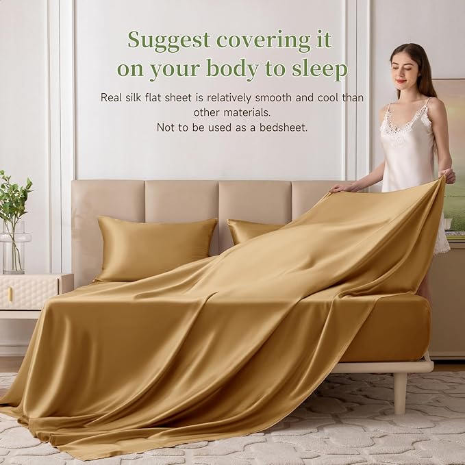 THXSILK 22 Momme 1 Pcs Silk Flat Sheet, 100% Top Grade Pure Mulberry Silk Bed Sheet Breathable Cooling Comfortable Safe Material Ultra Soft Bedding Durable (Twin, Metallic Gold)
