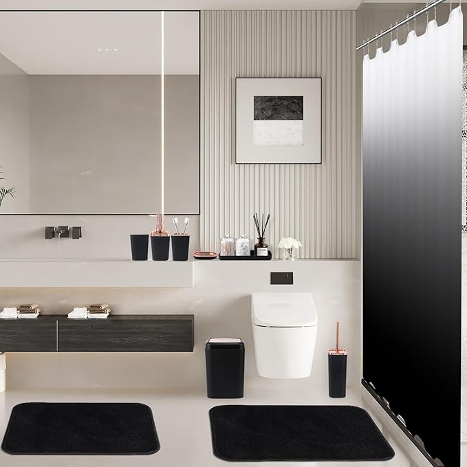 XLHOMO Bathroom Accessory Set–Bathroom Set with Shower Curtain and Rugs, No Slip Bathroom Rugs Super Absorbent, Black Ombre Water-Proof Shower Curtain with Hooks,Black Bathroom Sets Complete for Home