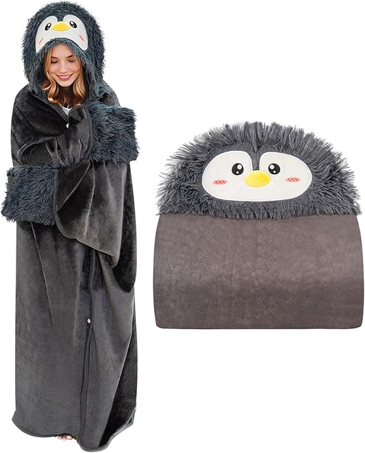 Wearable Hooded Blanket for Adults Fluffy Soft Warm Cozy Plush Flannel Throw & Sherpa Hoodie Cloak Wrap Gift for Adult