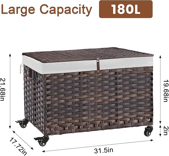 Rolling Storage Basket with Lid, 47.6 Gallon (180L) Storage Bin with Wheels, Woven Rattan Blanket Storage Basket with Handles, Foldable, Metal Frame, Removable Liner for Bedroom, Laundry Room, Brown