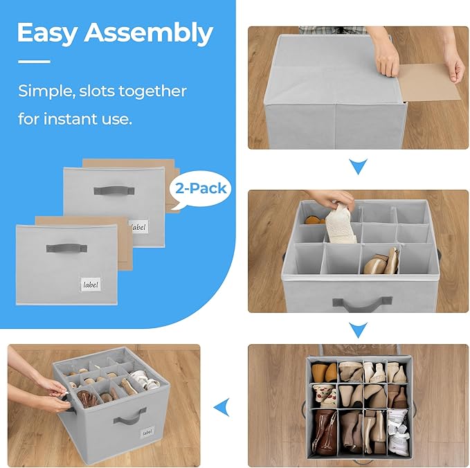 Cupic Cupid 2 Pack Shoe Organizer for Closet, Fits up to 12 Pairs, Shoe Cubby Storage Containers with Clear Cover, Grey