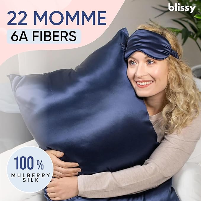 Blissy Silk Pillowcase - 100% Pure Mulberry Silk - 22 Momme 6A High-Grade Fibers - Silk Pillow Cover for Hair & Skin - Regular, Queen & King (Blue, King)