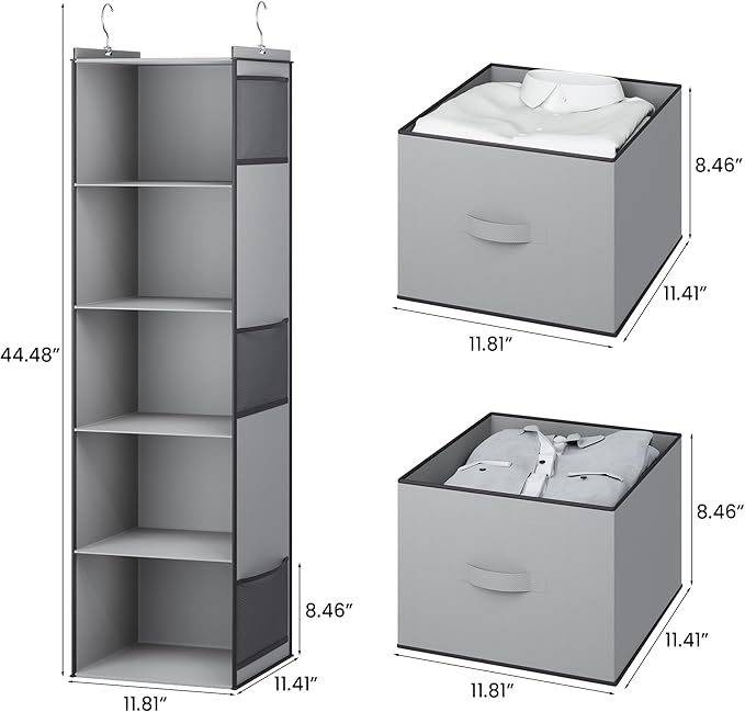 YOUDENOVA Hanging Closet Organizer, 5 Tier Hanging Closet Shelves with Drawers and 6 Side Pockets, Light Grey