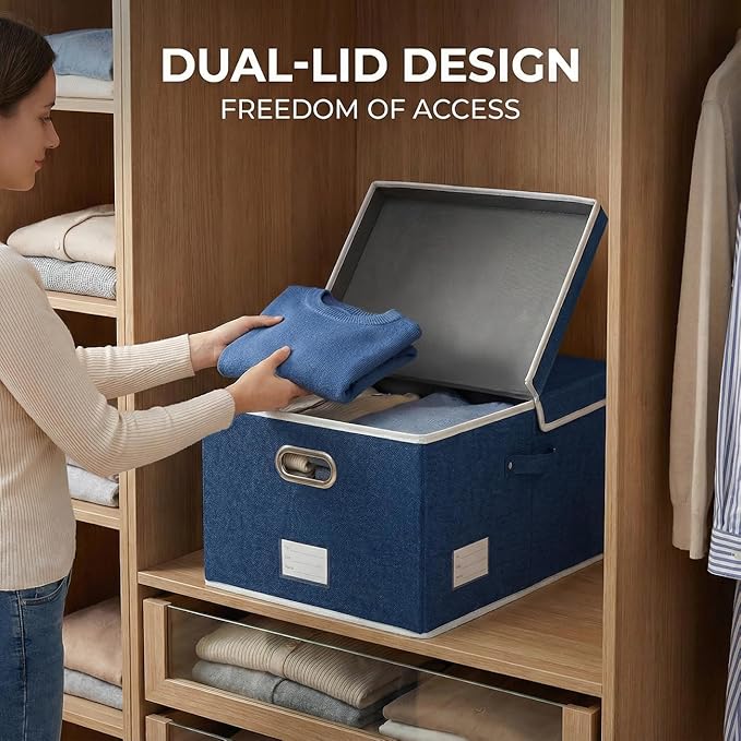 PRANDOM Storage Bins with Lids [3-Pack] Linen Fabric Foldable Storage Boxes Organizer Containers Baskets Cube with Cover for Bedroom Closet Office Royal Blue(23.4X15.9X11.4)