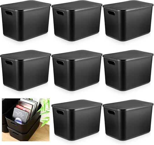 Hoolerry 8 Pieces Colorful Storage Bins with Lid, Plastic Storage Basket Organizing Container Stackable Box with Handle for Shelves Desktop Playroom Office(14.2 x 10.2 x 9.5 Inch,Black)