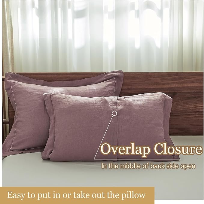 Simple&Opulence 100% French Linen Pillowcase King Size Set of 2, Pure Flax Pillow Covers with Embroidered, Solid Color Pillow Cases with Overlap Closure -Soft and Durable (20" X 36", Purple)