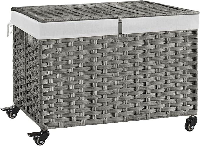 Rolling Storage Basket with Lid, 47.6 Gallon (180L) Storage Bin with Wheels, Woven Rattan Blanket Storage Basket with Handles, Foldable, Metal Frame, Removable Liner for Bedroom, Laundry Room, Grey