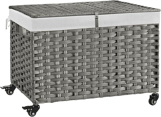 Rolling Storage Basket with Lid, 47.6 Gallon (180L) Storage Bin with Wheels, Woven Rattan Blanket Storage Basket with Handles, Foldable, Metal Frame, Removable Liner for Bedroom, Laundry Room, Grey
