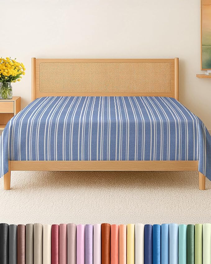 King Size Flat Sheet - Hotel Quality Top Flat Bed Sheet Only - Ultra-Soft, Comfy, Breathable & Cooling - Fade & Wrinkle Free - Easy-Care, Stain and Shrink Resistant Bedding - Oeko-Tex - Blue Stripes