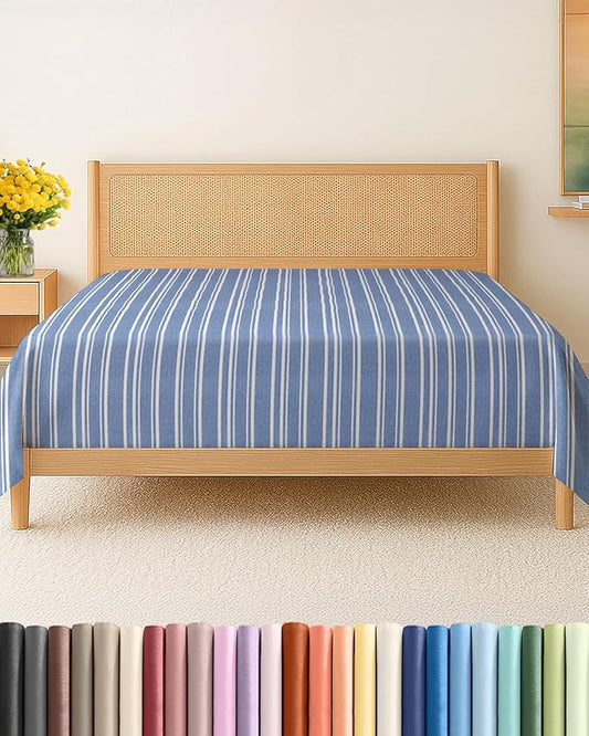 King Size Flat Sheet - Hotel Quality Top Flat Bed Sheet Only - Ultra-Soft, Comfy, Breathable & Cooling - Fade & Wrinkle Free - Easy-Care, Stain and Shrink Resistant Bedding - Oeko-Tex - Blue Stripes