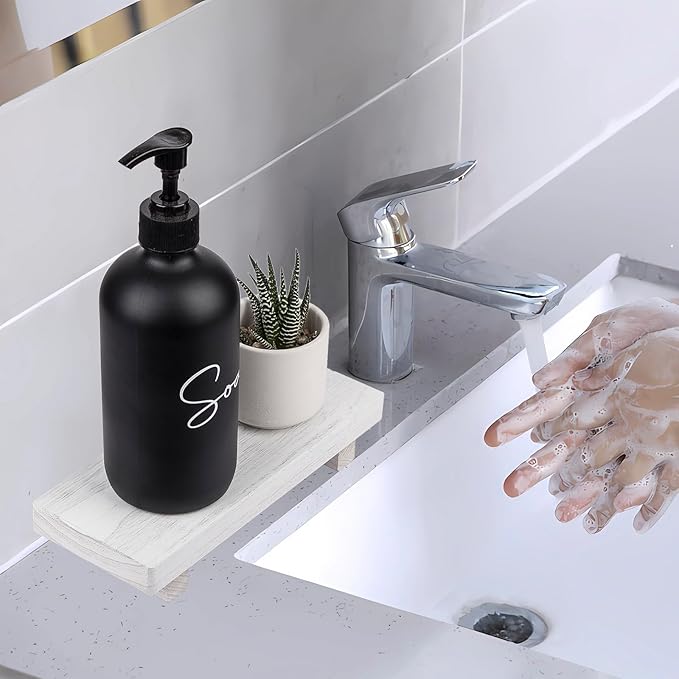 Small Wood Tray Pedestal Stand Farmhouse Bathroom Decor Decorative Wooden Riser Kitchen Soap Dish Holder for Vanity, Counter, Sink, White