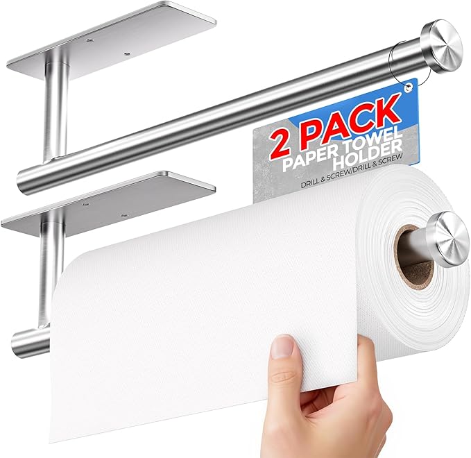 zaa Paper Towel Holder - 2 Pack Under Cabinet Paper Towel Holder, Fits Mega Paper Towel Rolls, Wall Mount Rack for Kitchen, Bathroom, RV, Adhesive or Screw Installation, Silver
