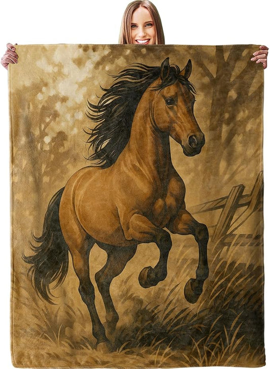 Running Horse Blanket, Soft Lightweight Warm Cozy Flannel 50×40 inch Galloping Stallion Western Country Throw Blanket for Couch, Travel, Bed, Decor, Outdoor, Gifts for Women Men Boys Adults Kids