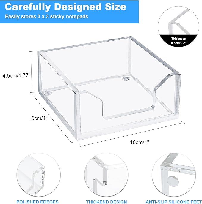 WORHE Sticky Note Holder Clear Acrylic Memo Pad Holders 3.94 x 3.94 for Office Accessories Desk School Home, Crystal Notepad Organizer Post Pop Notes Dispenser for 3"X3" Note Pads 1PCS (BQ200)