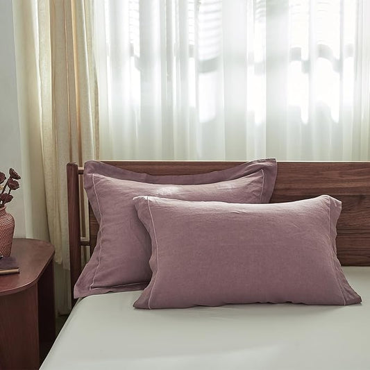 Simple&Opulence 100% French Linen Pillowcase King Size Set of 2, Pure Flax Pillow Covers with Embroidered, Solid Color Pillow Cases with Overlap Closure -Soft and Durable (20" X 36", Purple)