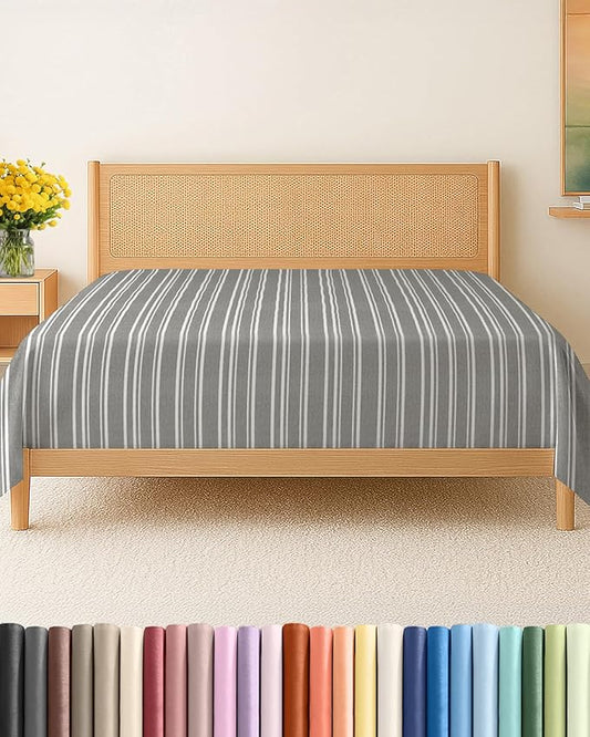 Queen Size Flat Sheet - Hotel Quality Top Flat Bed Sheet Only - Ultra-Soft, Comfy, Breathable & Cooling - Fade & Wrinkle Free - Easy-Care, Stain & Shrink Resistant Bedding - Oeko-Tex - Grey Stripes