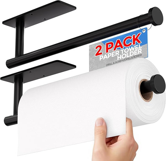 zaa Paper Towel Holder - 2 Pack Under Cabinet Paper Towel Holder, Fits Mega Paper Towel Rolls, Wall Mount Rack for Kitchen, Bathroom, RV, Adhesive or Screw Installation, Black