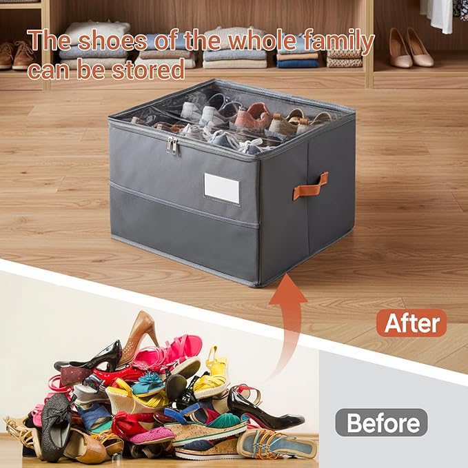 Chewlish Shoe Organizer for Closet, Foldable Shoe Storage Organizer Containers with Clear Cover, Space Saving Shoes Holder with Handles, Gray (1, Large)