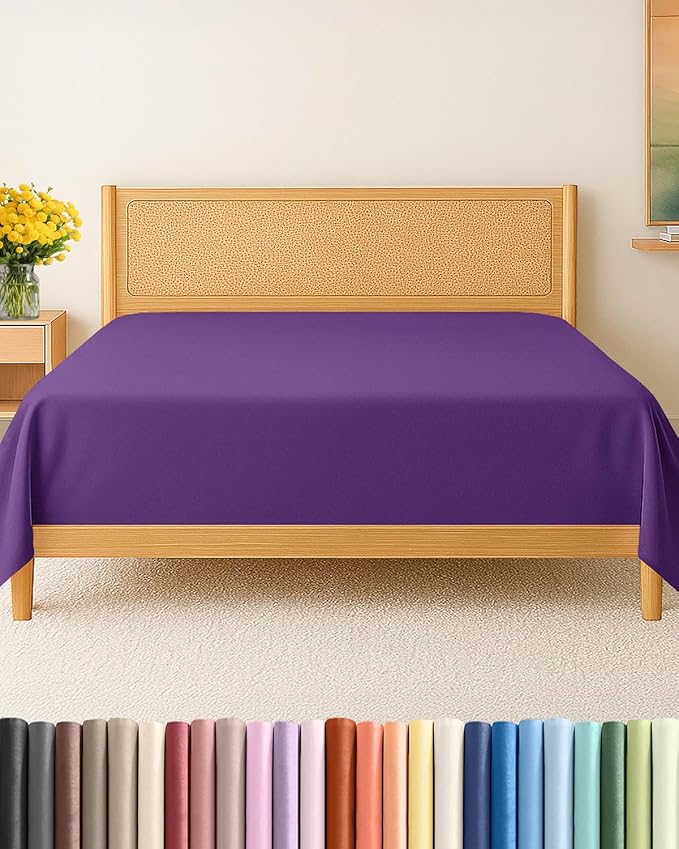 Cal King Size Flat Sheet - Hotel Quality Top Flat Bed Sheet Only - Ultra-Soft, Breathable & Cooling - Fade & Wrinkle Free - Easy-Care, Stain & Shrink Resistant Bedding - Easy-Fit & Oeko-Tex - Purple
