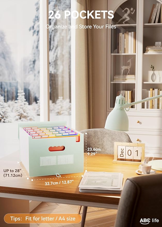 ABC life 26-Pocket Accordion File Organizer, Expanding File Folder, Letter/A4 Size Plastic Monthly Bill & Tax Receipt Holder with A-Z Tabs for Home, Office, Classroom - Sage Green