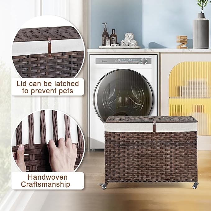 Rolling Storage Basket with Lid, 47.6 Gallon (180L) Storage Bin with Wheels, Woven Rattan Blanket Storage Basket with Handles, Foldable, Metal Frame, Removable Liner for Bedroom, Laundry Room, Brown