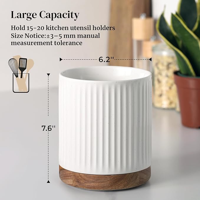 DOWAN 360° Rotating Extra Large Cooking Utensil Holder, 7.6" Kitchen Utensil Holder for Countertop, Utensil Crock for Farmhouse Kitchen Decor, Ceramic Stable Utensil Caddy, White Stripes