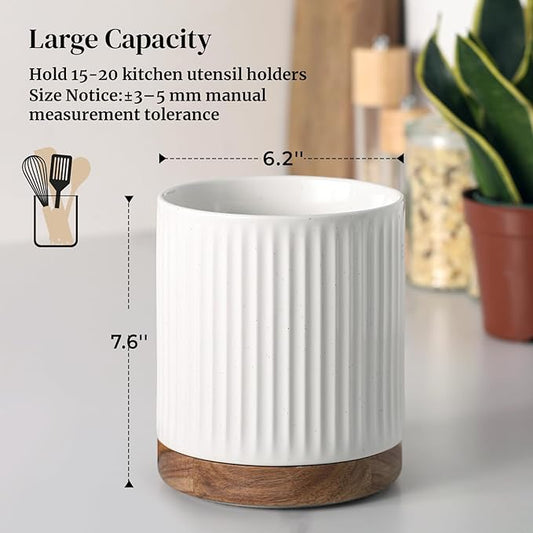 DOWAN 360° Rotating Extra Large Cooking Utensil Holder, 7.6" Kitchen Utensil Holder for Countertop, Utensil Crock for Farmhouse Kitchen Decor, Ceramic Stable Utensil Caddy, White Stripes