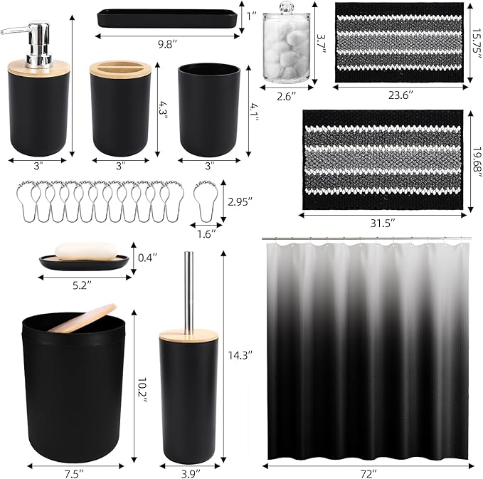 SLDIYWOW Black Bathroom Accessories-Bathroom Sets with Shower Curtain and Rugs, No Slip Bathroom Rugs Super Absorbent, Black Waterproof Shower Curtain with Hooks,Black Bathroom Sets Complete for Home