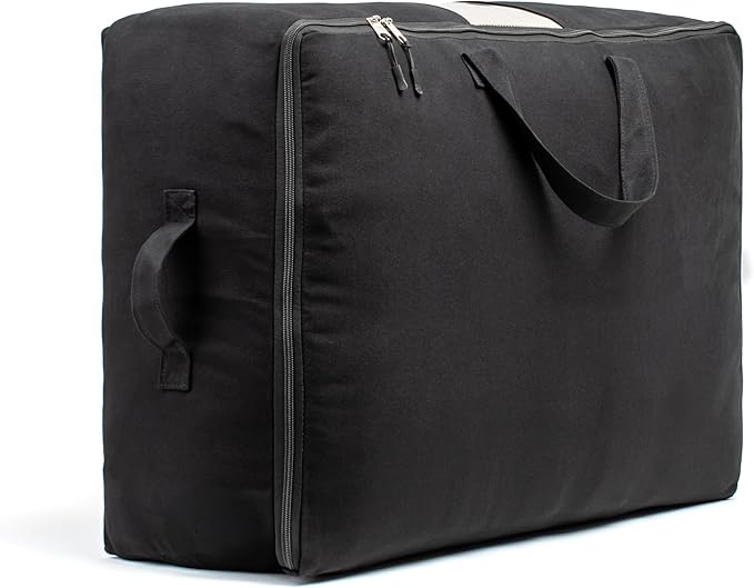 Soft Canvas Storage Bags with Zipper. Thick Breathable, 1pc King/Queen Comforter Organizer. Four Carrying Handles and Window. Large 25x19x9in Bag for Sheets Blankets Bedding Pillows, Clothes (Black)