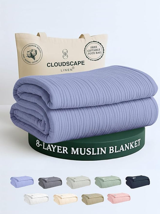Cloud Scape Linen 8-Layer Muslin Blanket Queen Size - 100% Cotton, Soft and Breathable, Oversized Winter Blanket, Fits up to Full Size Bed, 92x92, Lavender Blue