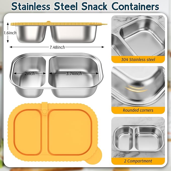 ICEROYCE 3 Pack Stainless Steel Snack Containers with Silicone Lids, Meal Prep Containers, Reusable 2 Compartment Food Storage Containers, Stainless Steel Box for Lunch, Office, Travel