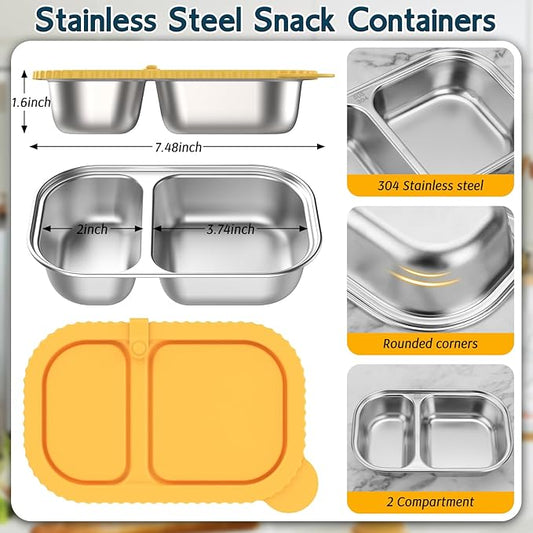 ICEROYCE 3 Pack Stainless Steel Snack Containers with Silicone Lids, Meal Prep Containers, Reusable 2 Compartment Food Storage Containers, Stainless Steel Box for Lunch, Office, Travel