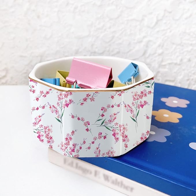 LEAZUL Ceramic Paper Clip Holder Gold Line Paper Clip Dispenser Organizer for Desk Cute Floral Pattern Office Binder Clip Holder Bobby Pin and Hair Clip Holder Gift for Office Pink Flowers