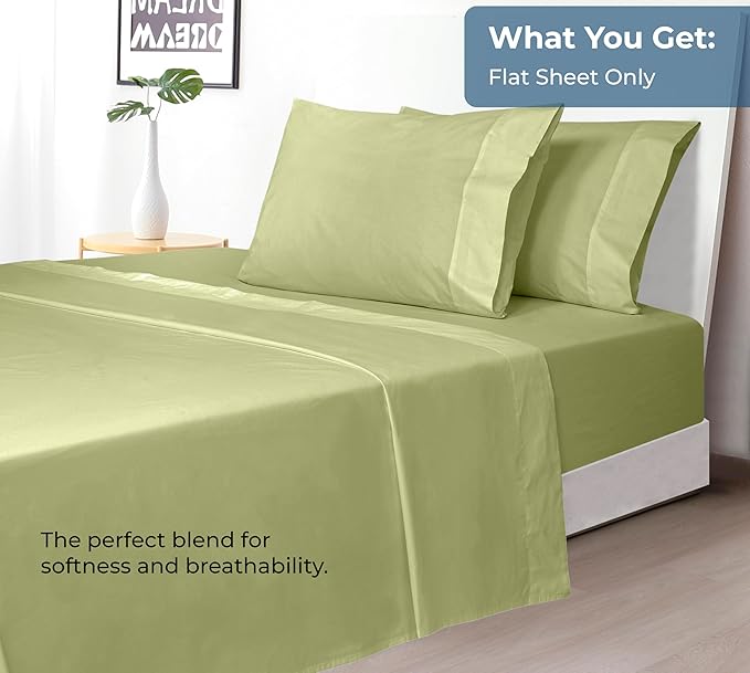 Royale Linens 100% Organic Cotton Twin XL Flat Sheet Only - Super Soft - Percale Top Sheets - Twin XL Flat Sheet Sold Separately - Cool & Crisp Sage Green Sheets Only (66" x 102", Sage Green)