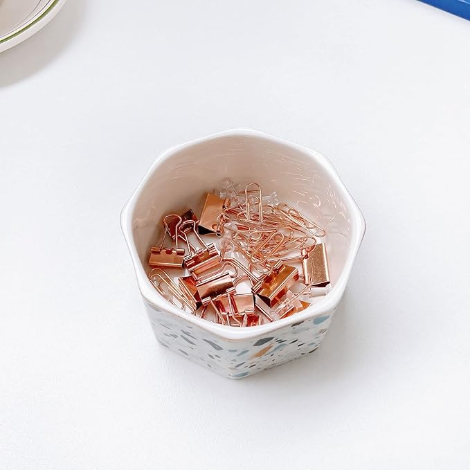 LEAZUL Ceramic Paper Clip Holder Gold Line Paper Clip Dispenser Organizer for Desk Cute Terrazzo Marble Pattern Office Binder Clip Holder Bobby Pin and Hair Clip Holder Gift for Office Blue