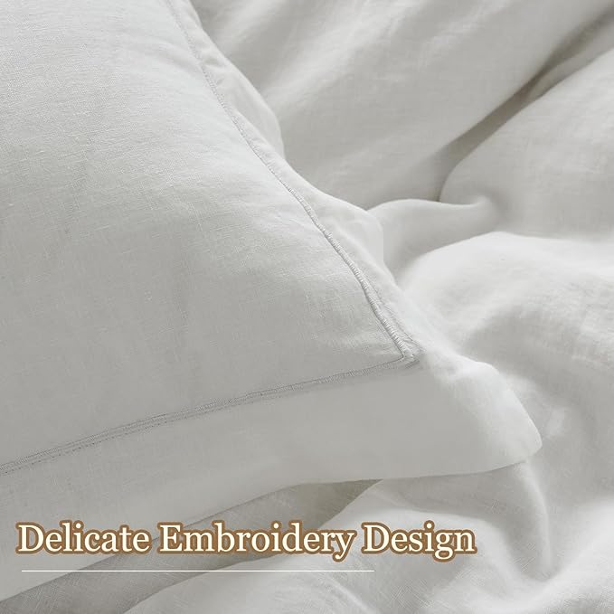 Simple&Opulence 100% French Linen Pillowcase Queen Size Set of 2, Pure Flax Pillow Covers with Embroidered, Solid Color Pillow Cases with Overlap Closure -Soft and Durable (20" X 26", White)