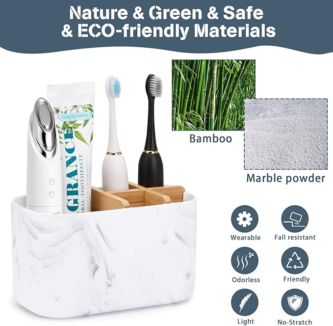 GFWARE Toothbrush Holders for Bathrooms, 5 Slots Bamboo Toothbrush Holder Kids Electric Toothbrush Holder and Toothpaste Holder for Bathroom Countertop Accessories Storage, Marble Toothbrush Organizer