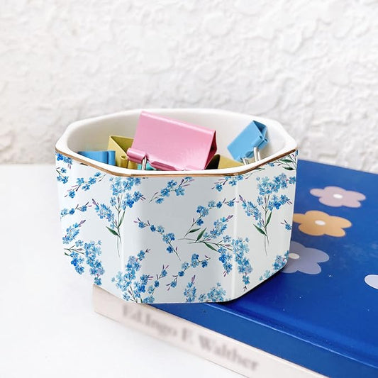 LEAZUL Ceramic Paper Clip Holder Gold Line Paper Clip Dispenser Organizer for Desk Cute Floral Pattern Office Binder Clip Holder Bobby Pin and Hair Clip Holder Gift for Office Blue Flowers