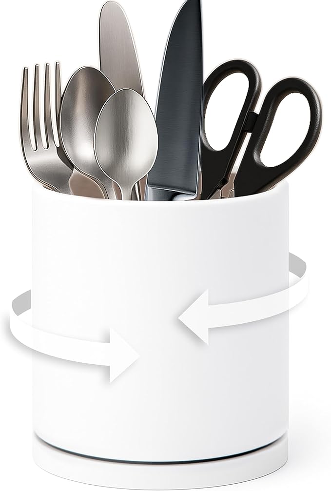 D'vine Dev 360° Rotating Utensil Holder – 5" Kitchen Utensil Crock for Countertop, Modern Cooking Tool Organizer for Kitchen Storage & Décor, White, 72-X-A-1