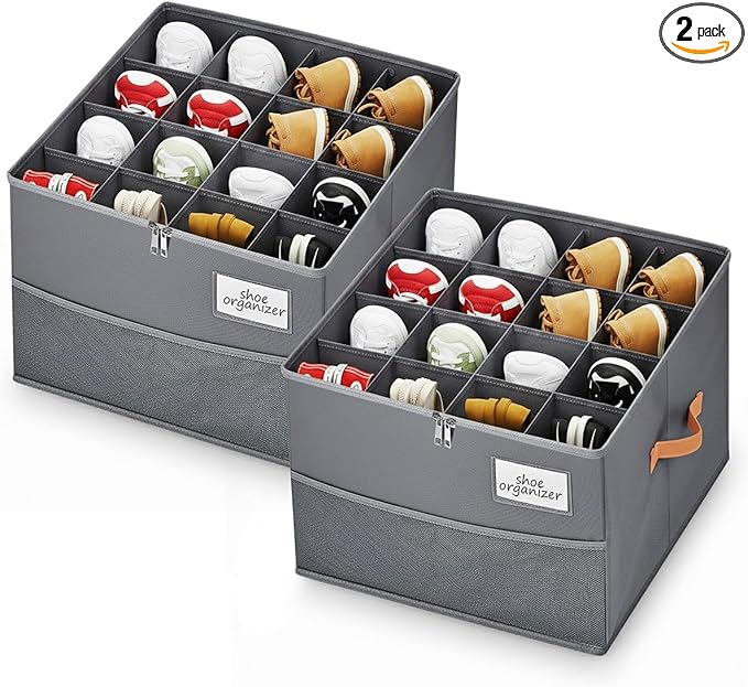 Chewlish Shoe Organizer for Closet, Foldable Shoe Storage Organizer Containers with Clear Cover, Space Saving Shoes Holder with Handles, Gray (2, Large)