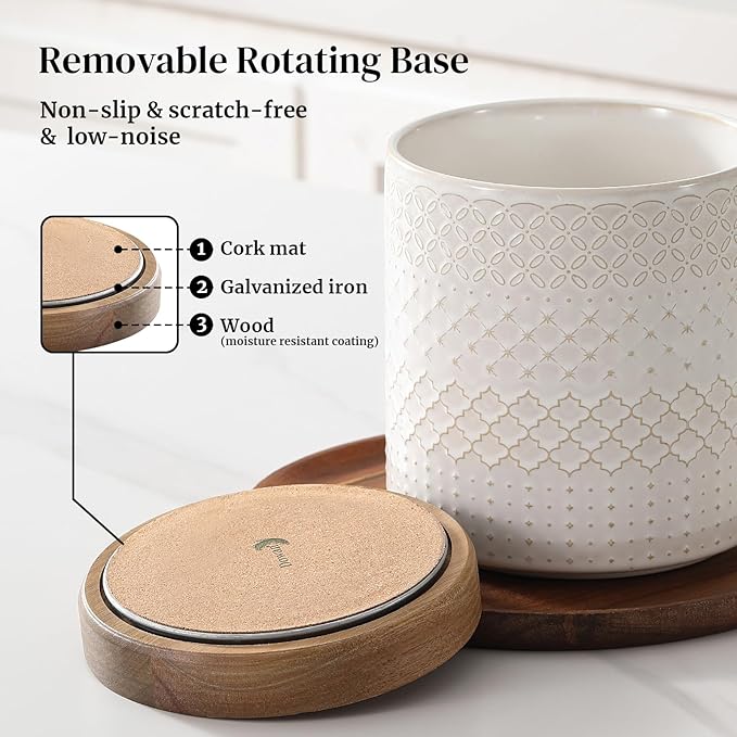 DOWAN 360° Rotating Extra Large Cooking Utensil Holder, 7.6" Kitchen Utensil Holder for Countertop, Utensil Crock for Farmhouse Kitchen Decor, Ceramic Stable Utensil Caddy, White Embossed