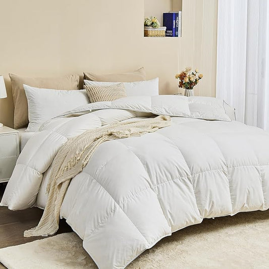 Goose Feather Down Fiber Comforter Twin Size - Egyptian Cotton Blend Cover, All Season Fluffy Hotel Luxury Duvet Insert(68x90 inch, White)