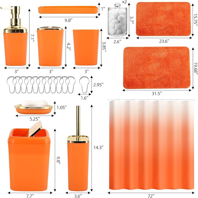 XLHOMO Bathroom Set - Orange Bathroom Sets with Shower Curtain and Rugs, 24PCS Shower Curtain Set with Hooks, Soap Dispenser, Soap Dish, Toilet Brush Holder and Trash Can for Housewarming