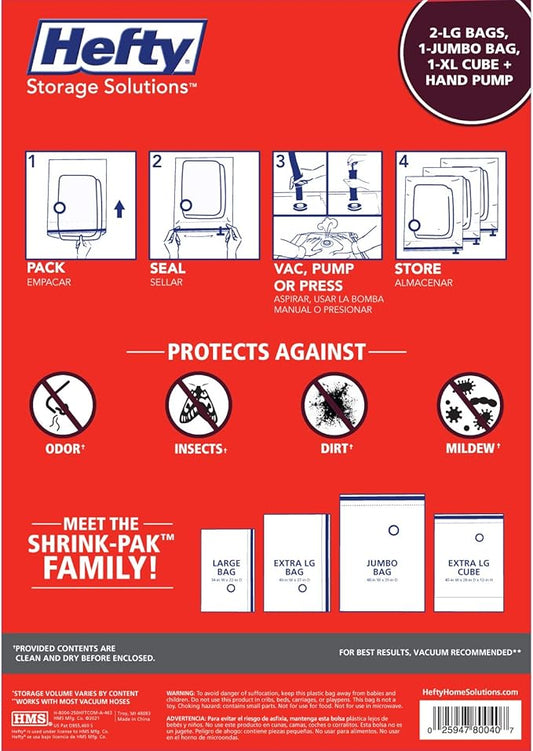 Hefty Shrink-Pak Starter Kit - 2 Large, 1 XL Cube, 1 Jumbo Vacuum Seal Storage Bag and Hand Pump – Space Saver Bags for Clothing, Pillows, Towels, or Blankets, 5 Pc Set
