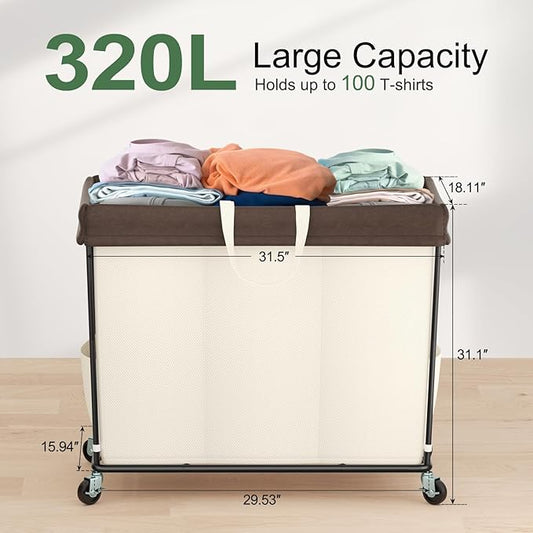 Mefirt 320L Laundry Hamper with Wheels, 3 Section Large Rolling Laundry Basket Bag with Wheels, Clothes Hamper Cart for Laundry, Bedroom, Bathroom and Dorm