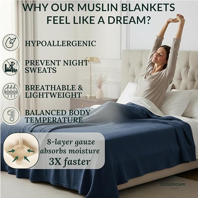 Cloud Scape Linen 8-Layer Muslin Blanket King Size for Adult - 100% Cotton, Breathable and Soft, Perfect Winter Cozy Blanket, Fits up to California King Bed, 92x108, Ensign Blue