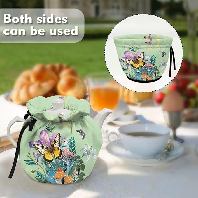 Butterfly Floral Tea Pot Cover Coffee Pot Insulated Kettle Cover Keep Warm Both Durable with Drawstring Sides Can Be Used Tea Cosy for Home Kitchen Decor with Insulated Pads to Warm Up