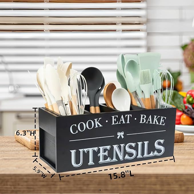 LIBODOUR Utensil Holder,Extra Large Wooden Utensil Holder For Kitchen Counter,Cooking Spatula Organizer,Big Storage Caddy With 4 Compartments Flatware Spoon Tool Cutlery（Black）