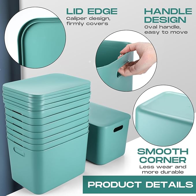 Hoolerry 8 Pieces Colorful Storage Bins with Lid, Plastic Storage Basket Organizing Container Stackable Box with Handle for Shelves Desktop Playroom Office(10.2 x 7 x 6.3 Inch,Green)