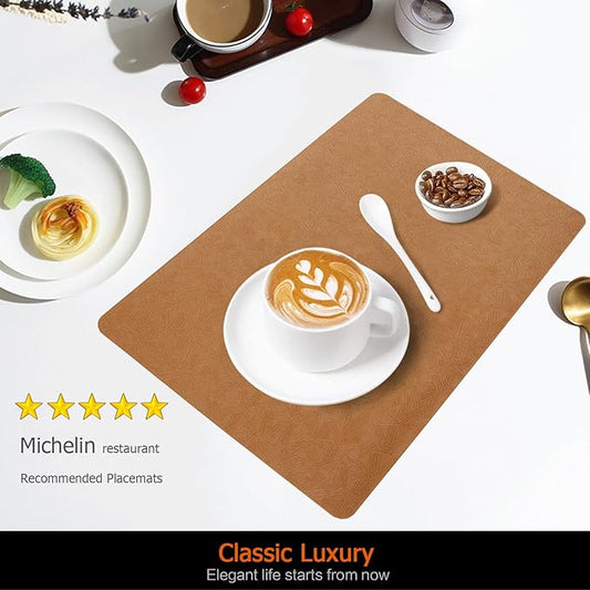 Vinyl Placemats Set of 8 Faux Leather 100% Waterproof Wipeable Washable Place Mats Heat Resistant Easy Clean Non-Slip Table Mats for Indoor Outdoor. (8, Brown)